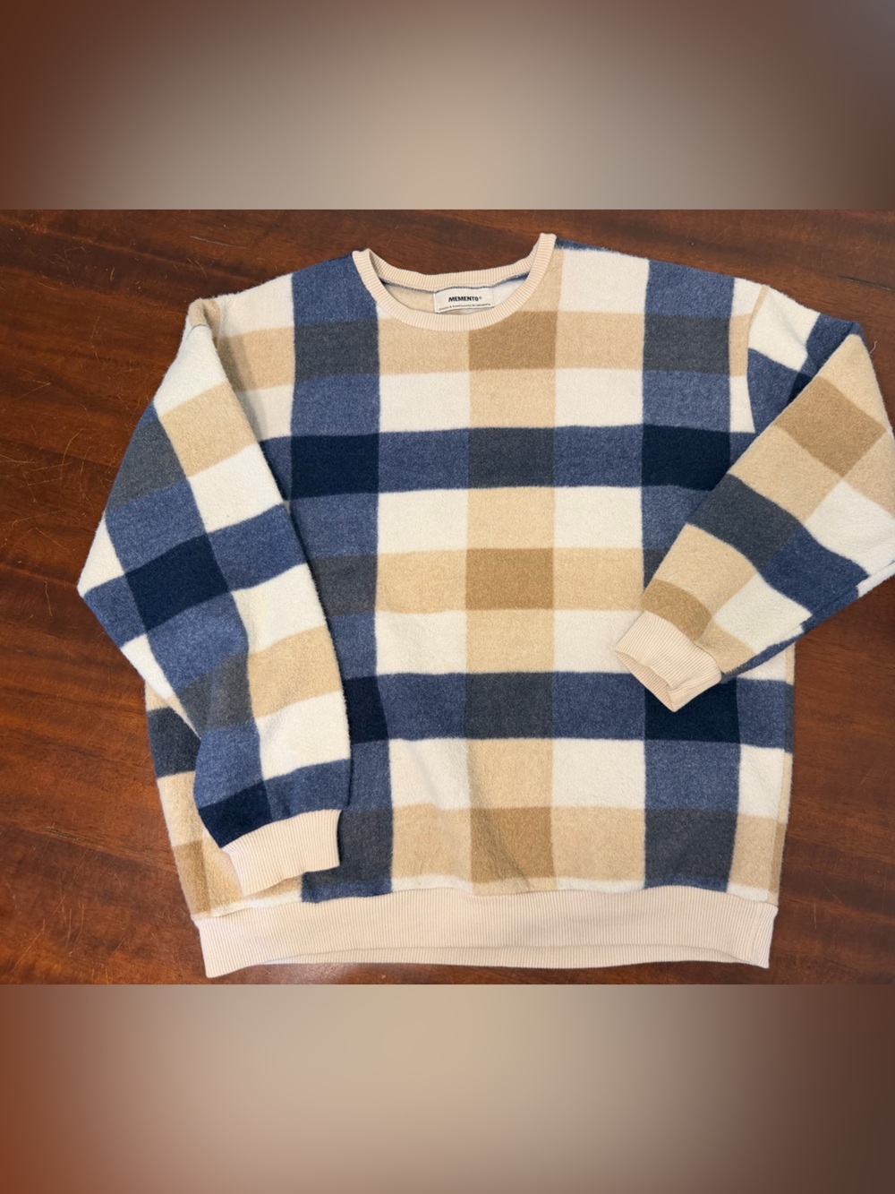 Memento Crewneck Sweater in Blue, Beige, Cream Plaid